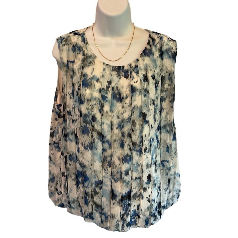 Calvin Klein Blue Abstract Sleeveless Blouse XL | Stretch Lightweight Top